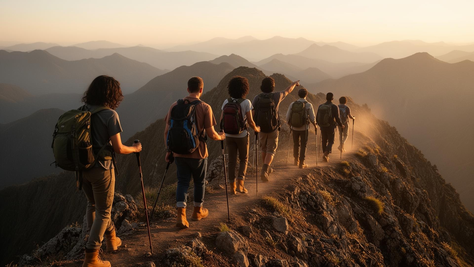 A group of hikers of every shape and size ascending a sunlit alpine ridgeline at golden hour